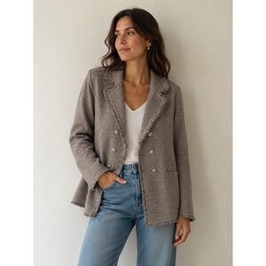 Chico's Blazer Jacket Sz 3 XL Brown Silver Metallic Fringe Career Academia Beige